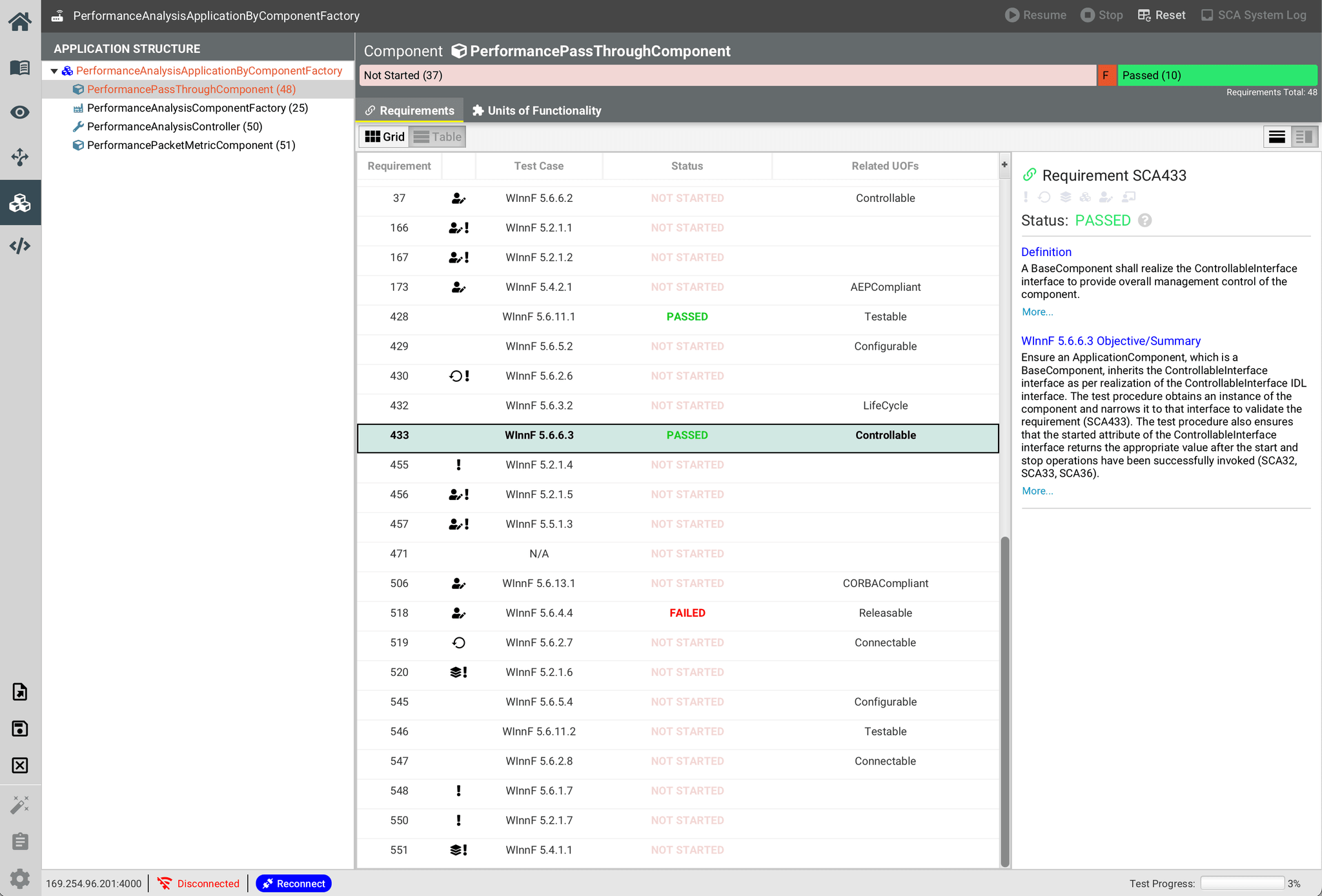 Component requirements table view