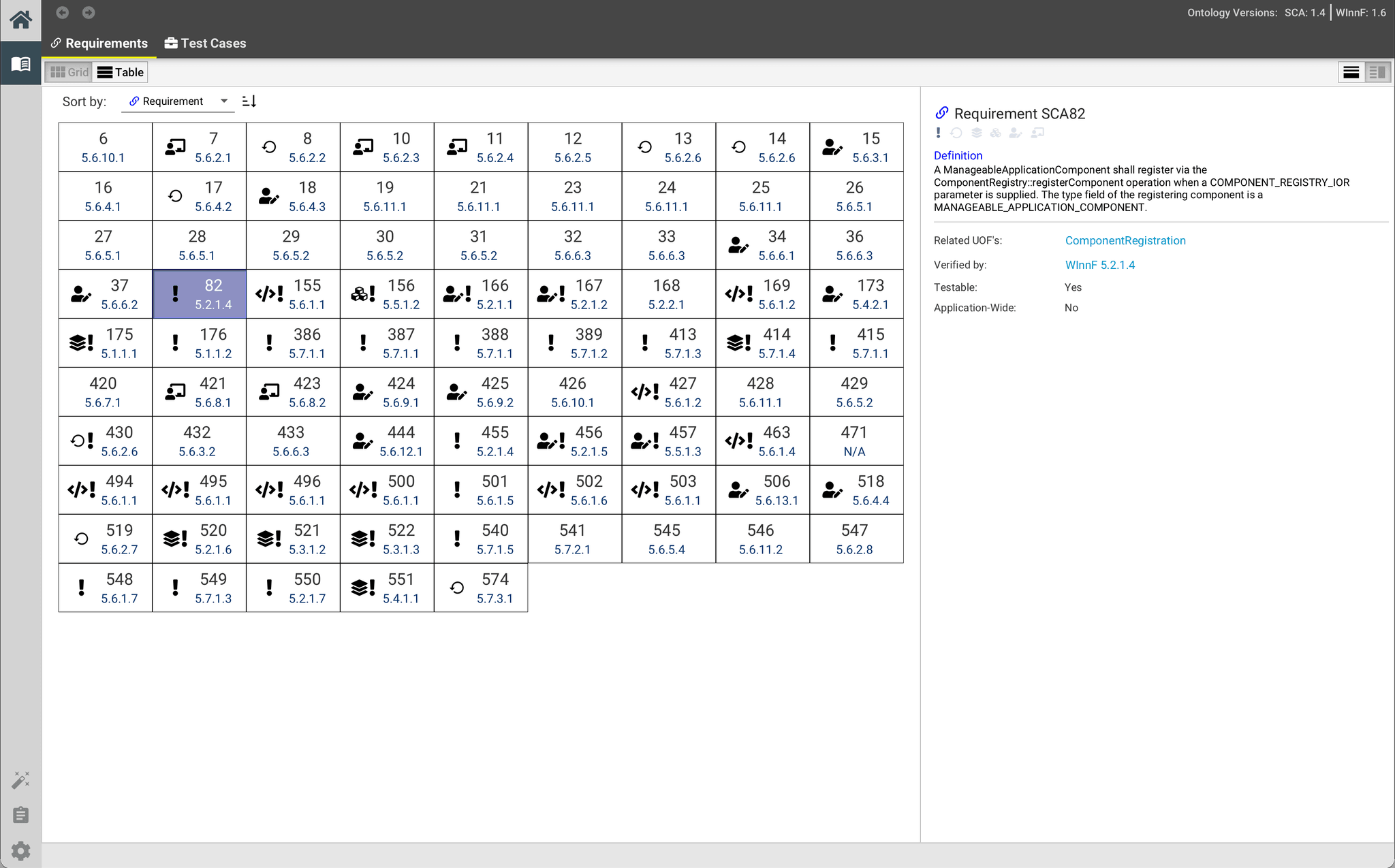 Specification Browser grid view showing SCA 4.1 requirements