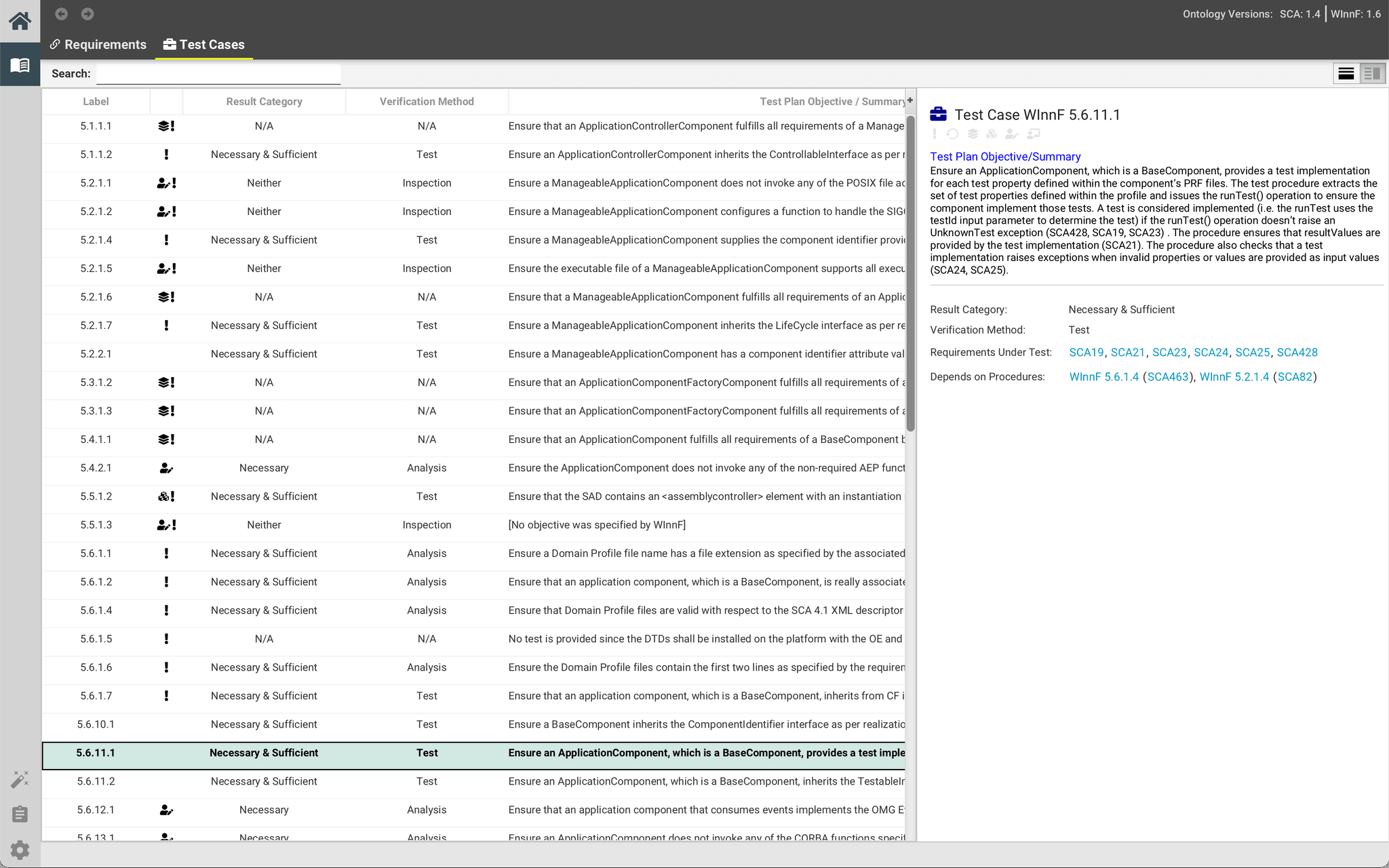 Specification Browser showing test cases and procedures